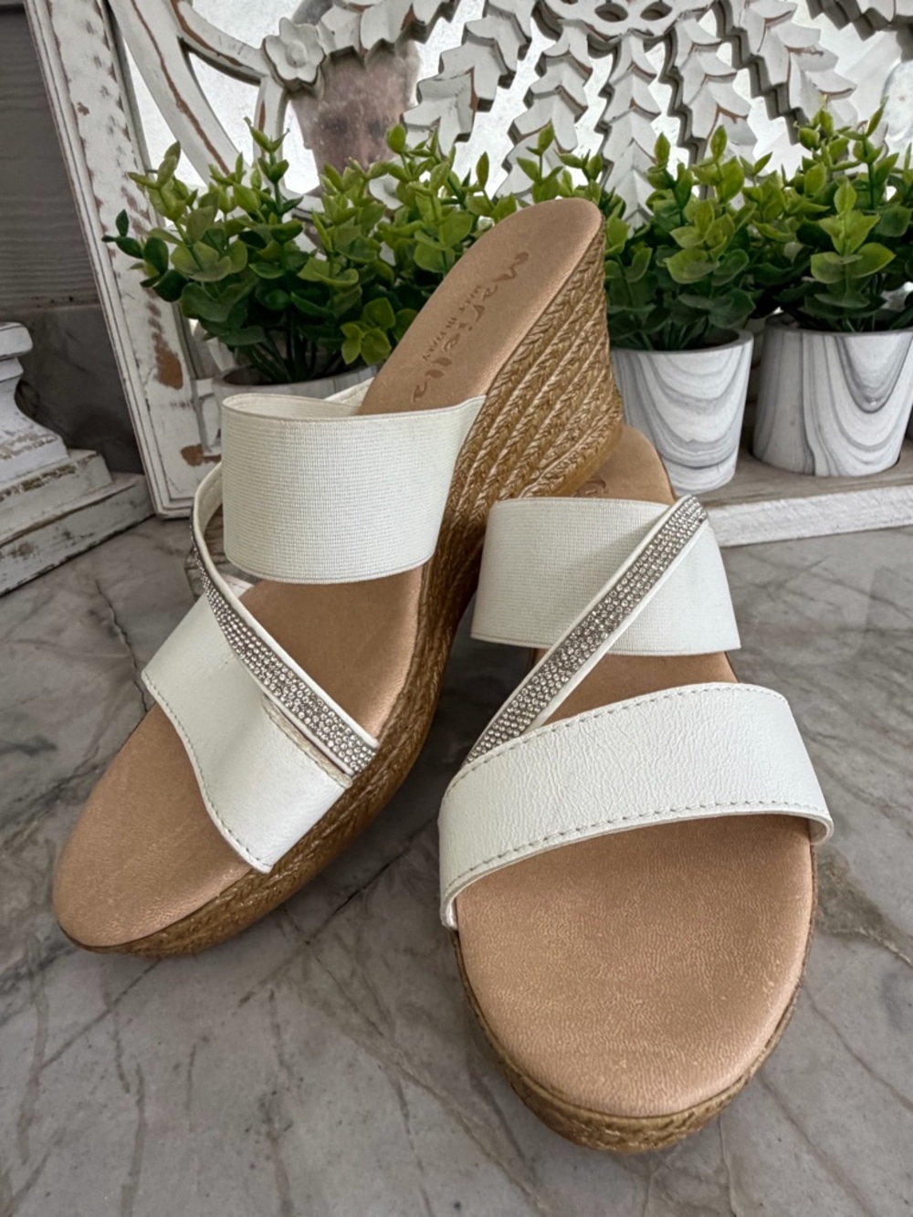 Mariella Women's White and Rhinestone Wedge Sandals Size-9